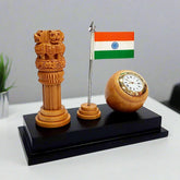A handmade wooden Ashoka Pillar table clock with intricate detailing, a great gift for friends or office staff.