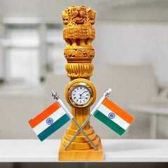 A handmade wooden Ashoka Pillar with a clock, a perfect and well-carved showpiece.