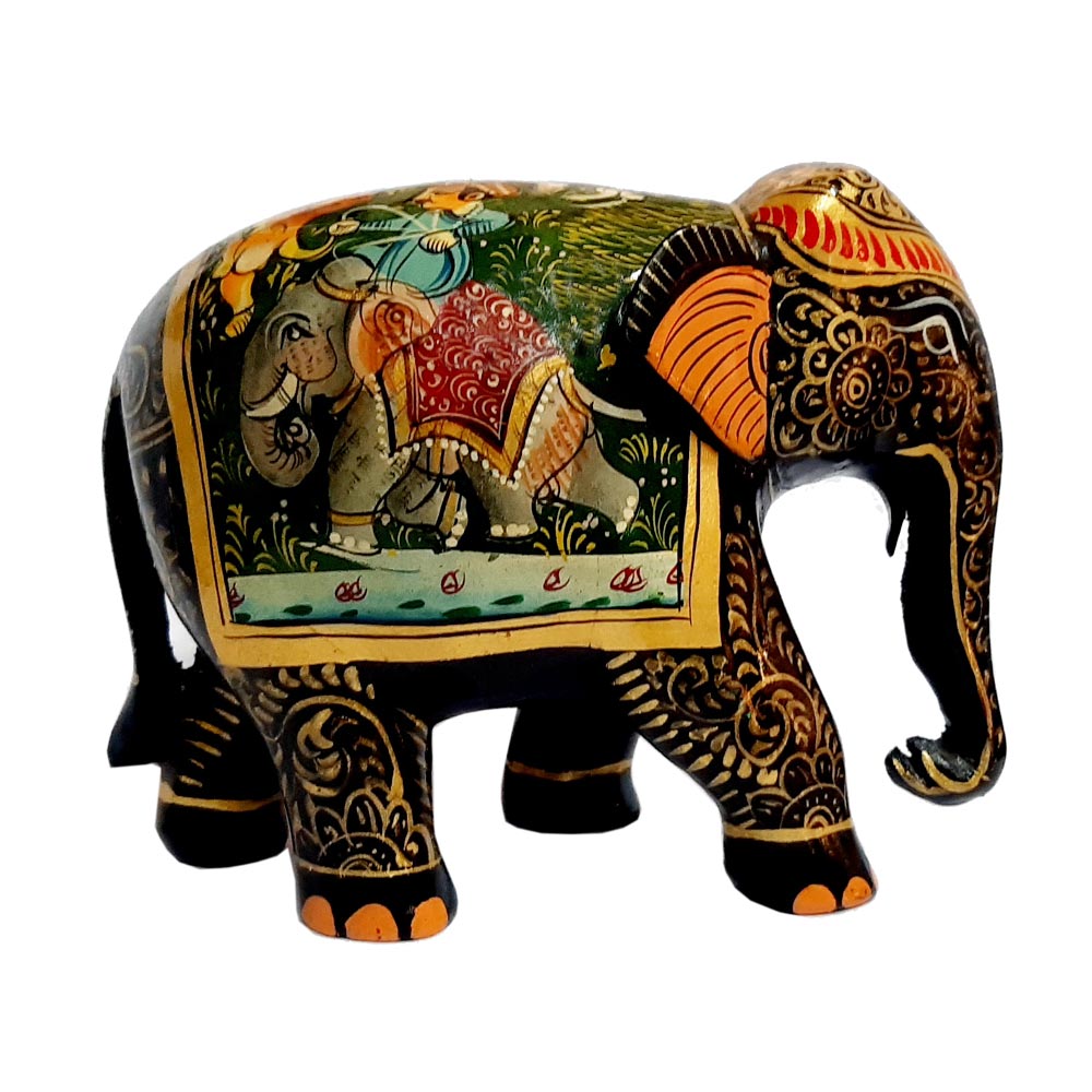 Wooden black elephant figurine featuring exquisite hand-painted Mughal motifs, ideal for decoration