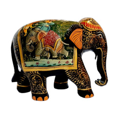 Wooden black elephant figurine featuring exquisite hand-painted Mughal motifs, ideal for decoration