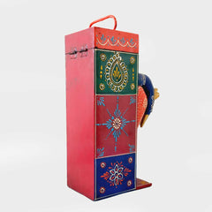 A wooden bottle holder with a beautiful peacock art design, suitable for gifting.