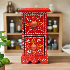 A wooden box with two drawers, designed for storing small jewelry like earrings, chains, and pins.