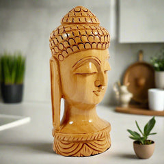 A wooden Buddha head showpiece with a luxurious finish and very fine workmanship.