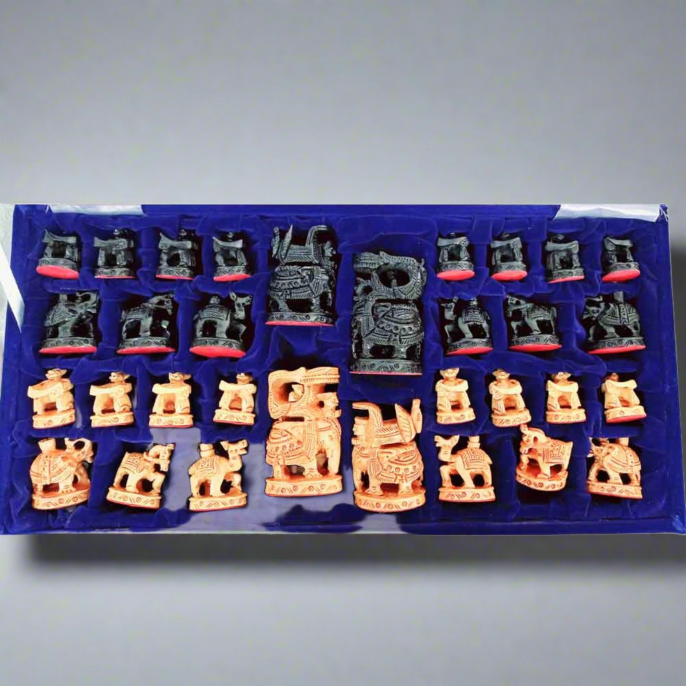 A wooden chess set with Ambadi figurine pieces, designed to enhance the beauty of your home.