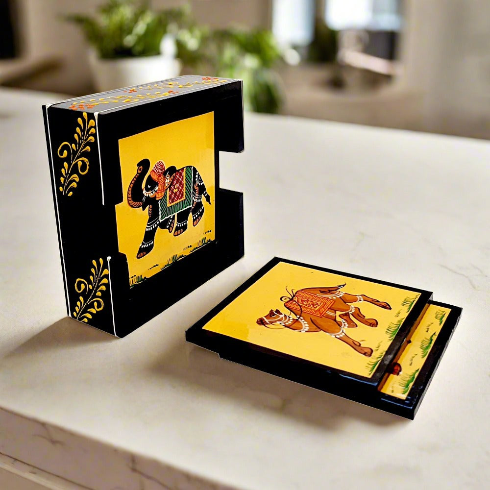 A gorgeous wooden coaster set, a traditional and best utility gift for home and office.