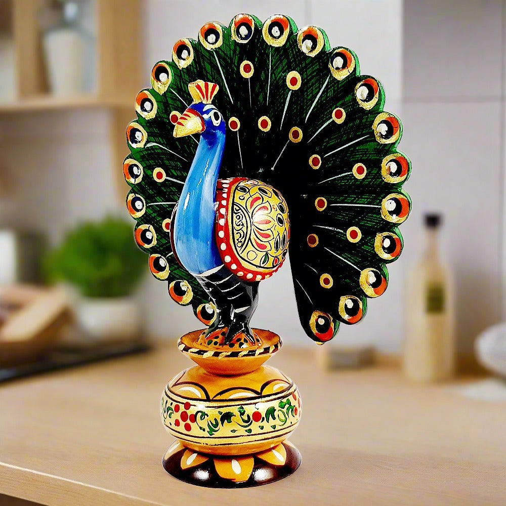 Beautifully hand-painted wooden peacock statue in dancing style made of kadamb wood