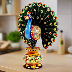 Beautifully hand-painted wooden peacock statue in dancing style made of kadamb wood