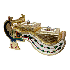 A wooden dry fruit box with a peacock design, an ideal gift for weddings and anniversaries.