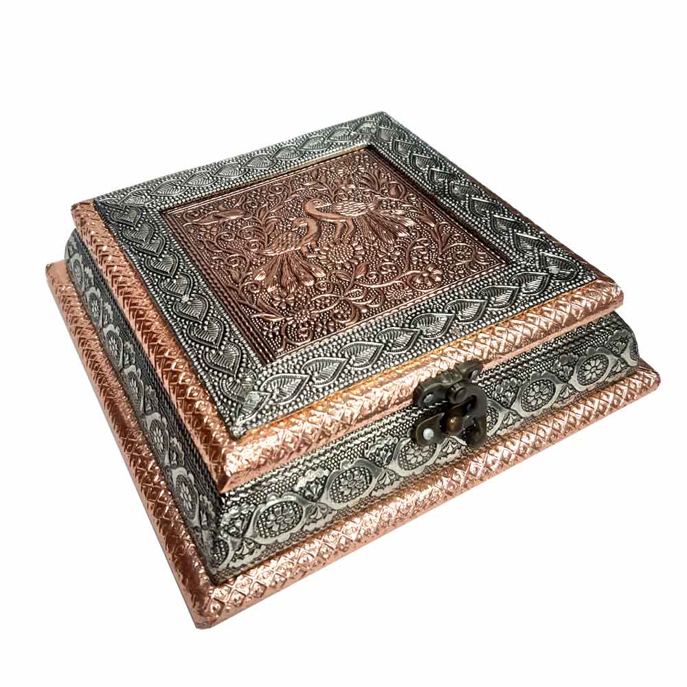 Back angle view of 7cm high copper oxidized dry fruit box for dining table decor
