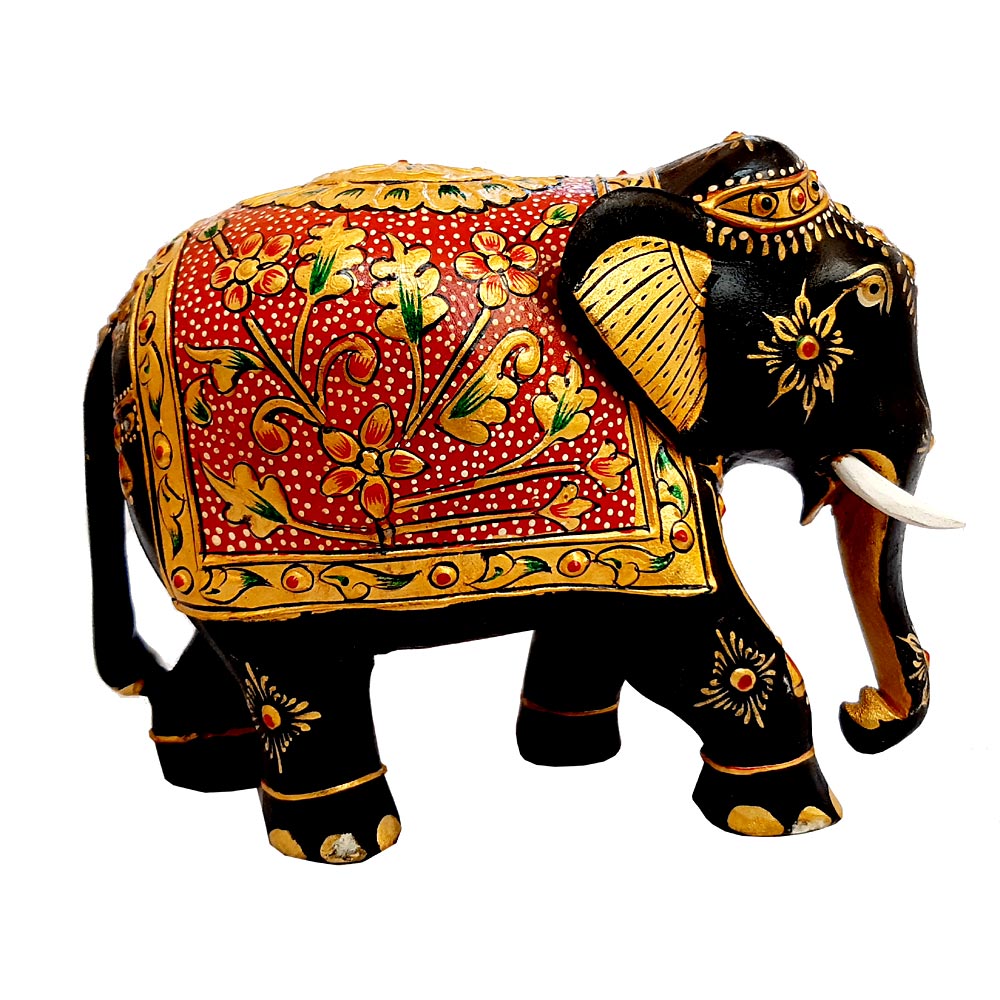 Wooden elephant with exquisite floral emboss painting in gold on black body, ideal as gift and home decor