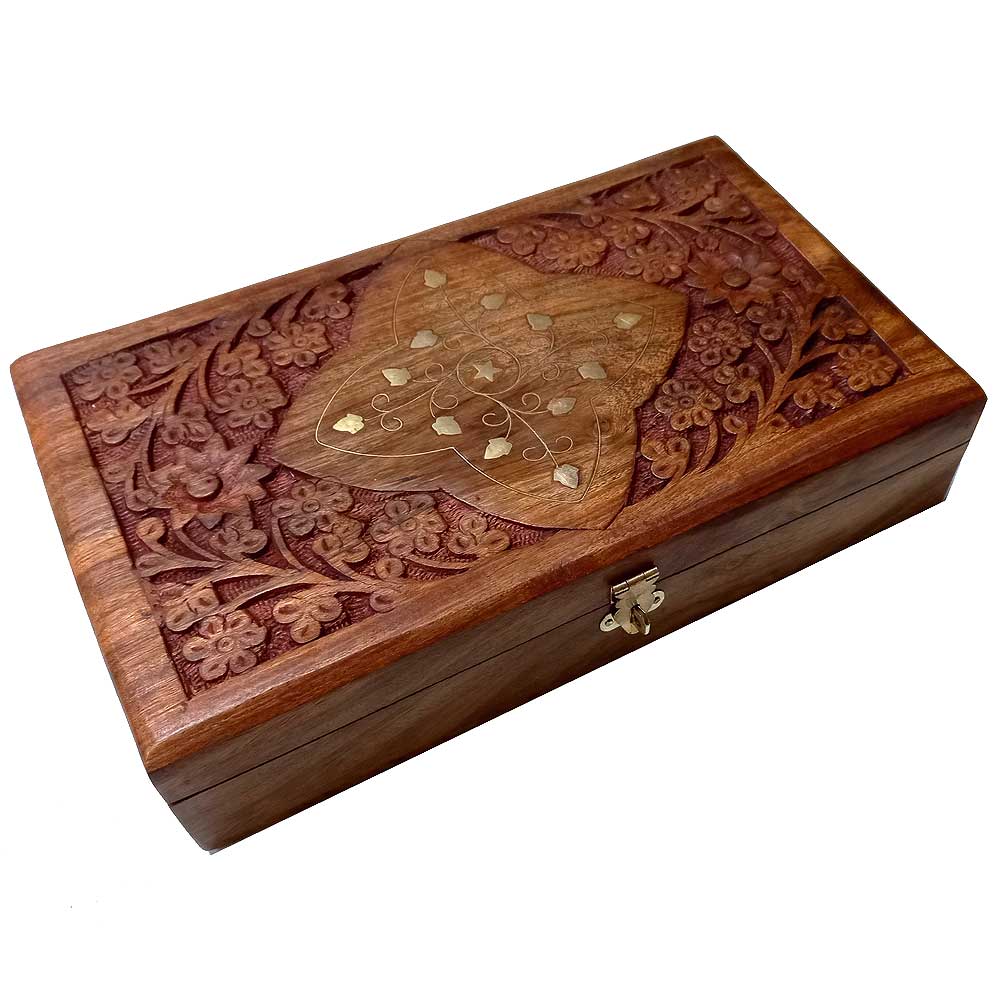 5.5cm high carved wooden jewelry case – velvet interior protects chains, earrings & necklace sets beautifully.