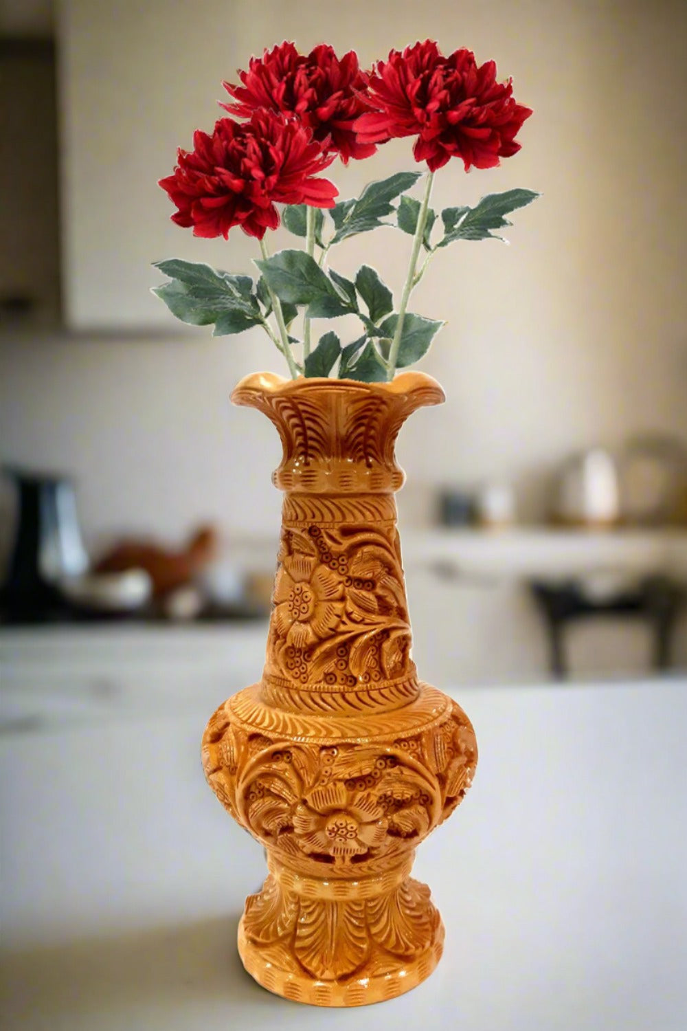 Handcrafted wooden flower vase with detailed carving, polished finish.