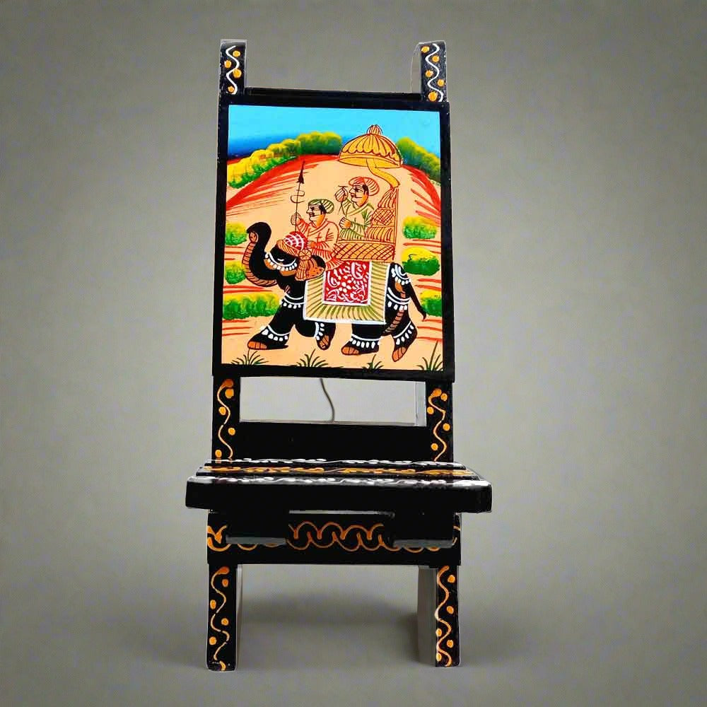 Lightweight wooden folding mobile holder with attractive chair design and decorative emboss painting