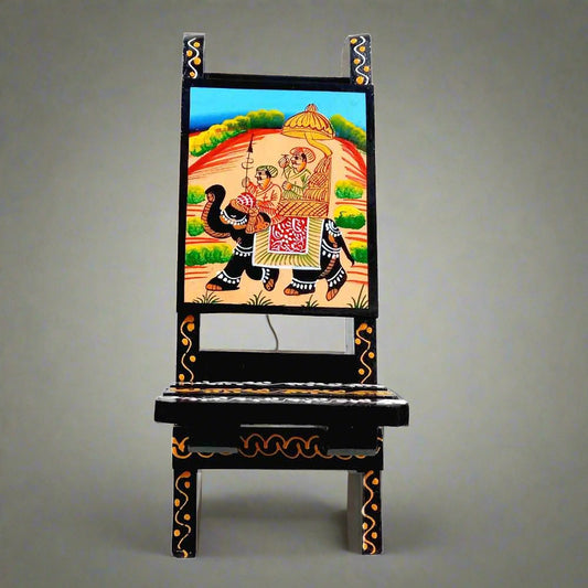 Lightweight wooden folding mobile holder with attractive chair design and decorative emboss painting