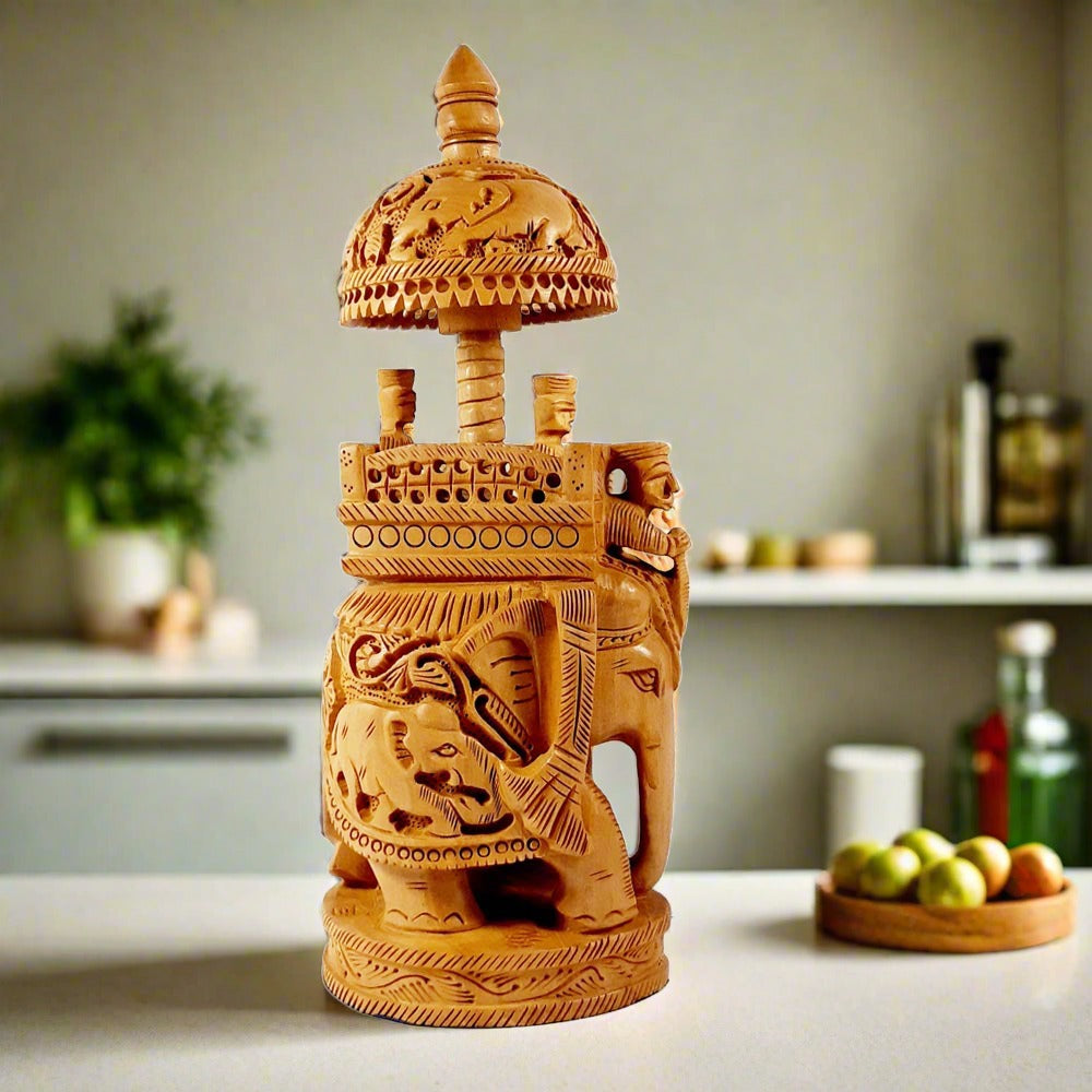 A howdah ambabari elephant figurine made of good quality wood with full hand carving work.