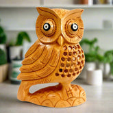 Hand-carved wooden owl showpiece 13cm height with big eyes and baby owl nest Rajasthan handicraft