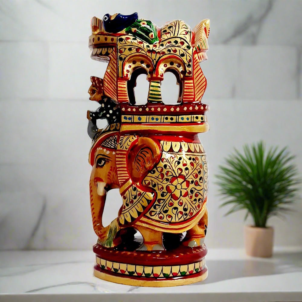 Hand-painted wooden Ambabari elephant statue with intricate traditional designs, perfect for home decor