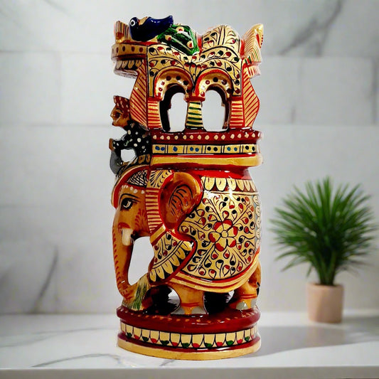 Hand-painted wooden Ambabari elephant statue with intricate traditional designs, perfect for home decor