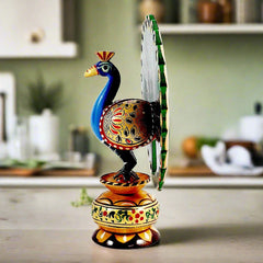 Wooden peacock statue with vibrant hand painting, perfect for living room or office desk decor