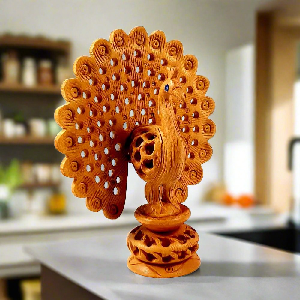 A wooden peacock showpiece with its wings spread, perfect for home, office, or pooja room decoration.