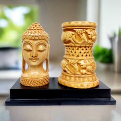 Wooden pen holder with Buddha statue, handcrafted desk organizer for home or office.