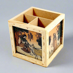Rotating wooden pen holder featuring vibrant gemstone artwork with three partitions for stationery