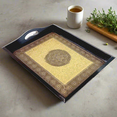 A high-quality wooden serving tray with an embossed floral design and a golden and copper metal sheet interior.