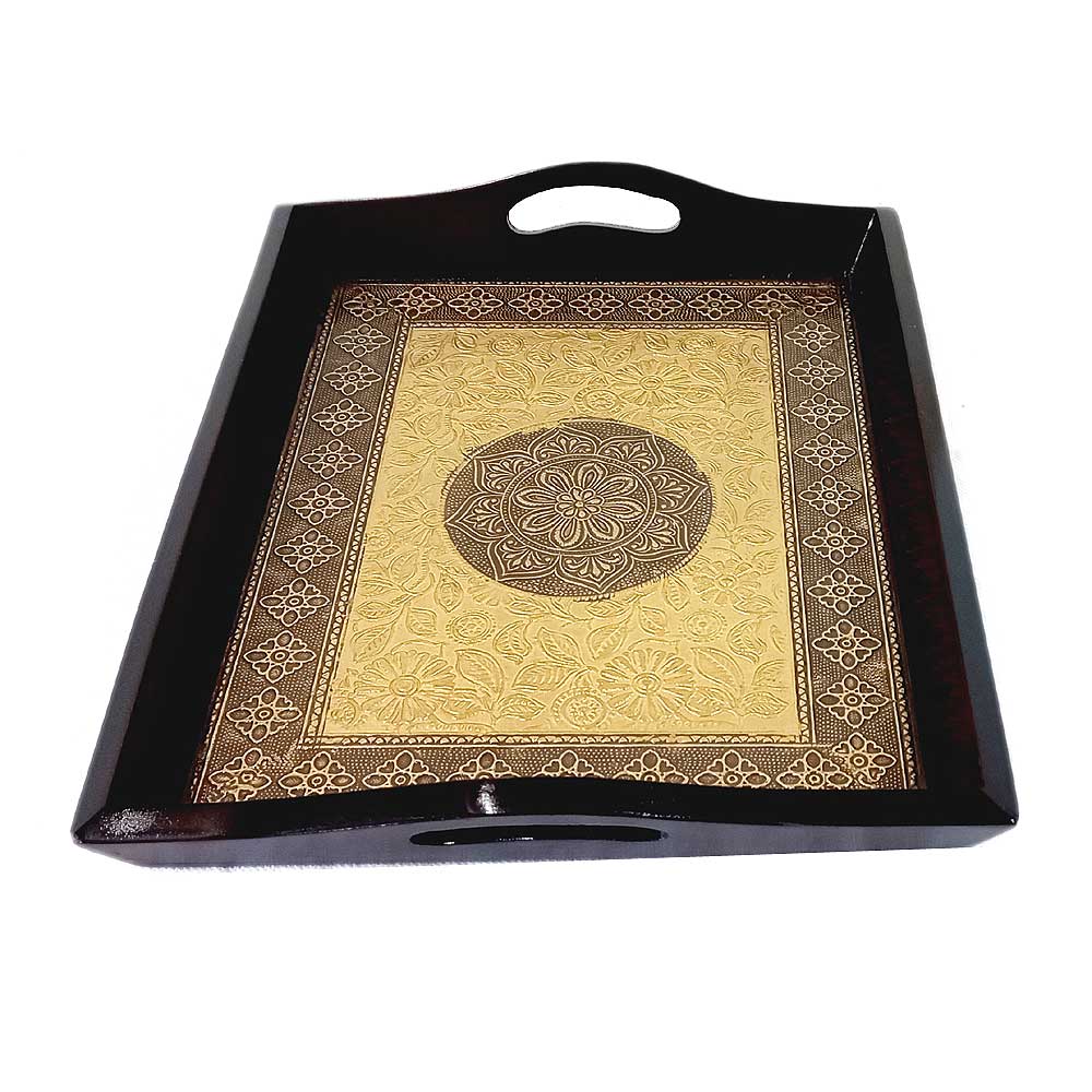 A wooden tray with an attractive golden and copper metal sheet interior and rubber corners for protection.