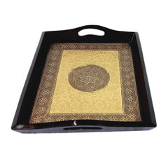 A wooden tray with an attractive golden and copper metal sheet interior and rubber corners for protection.