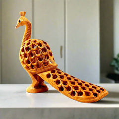 A wooden peacock figurine with an undercut design, a best gift for a bird lover.