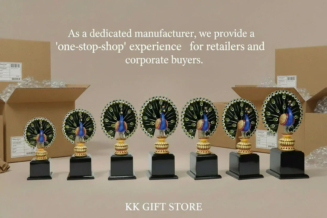 Secure export-quality break-proof packaging for delicate peacock handicrafts, ensuring safe global shipping from KK Gift Store factory.