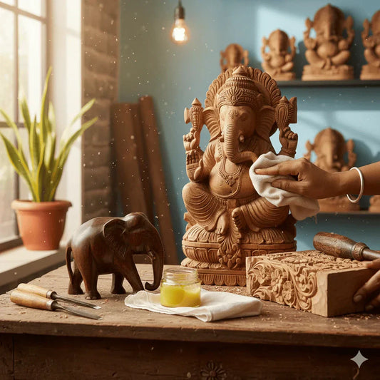 Restoring the shine of a Jaipur wooden handicraft using natural oil polishing techniques