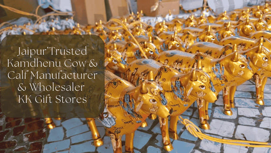 Hand-painted Kamdhenu cow and calf statue with deity motifs