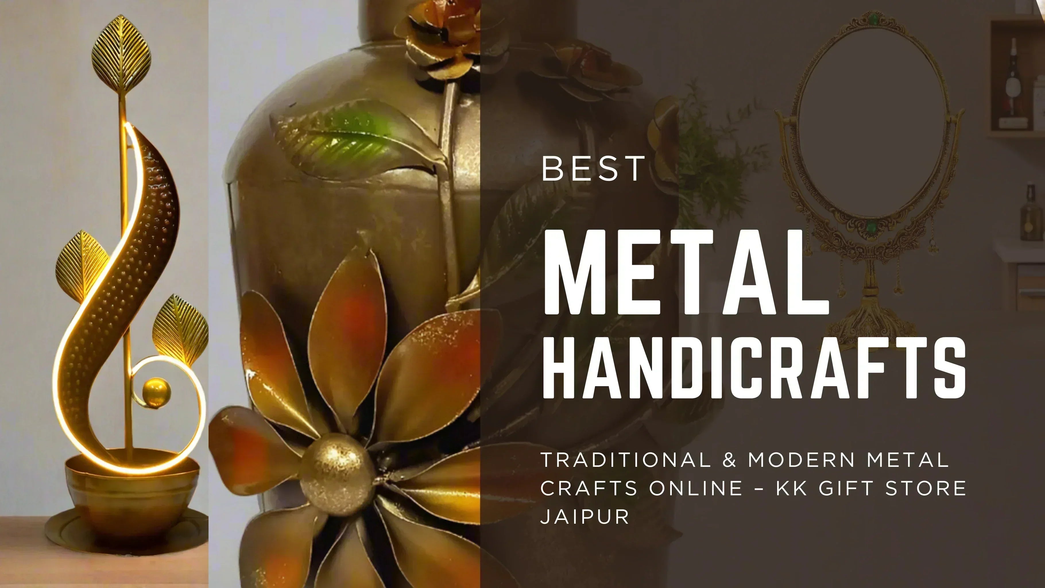 Handcrafted metal handicrafts displayed inside Jaipur gift shop showroom