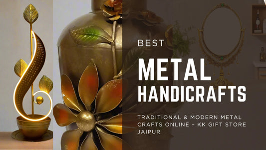 Handcrafted metal handicrafts displayed inside Jaipur gift shop showroom