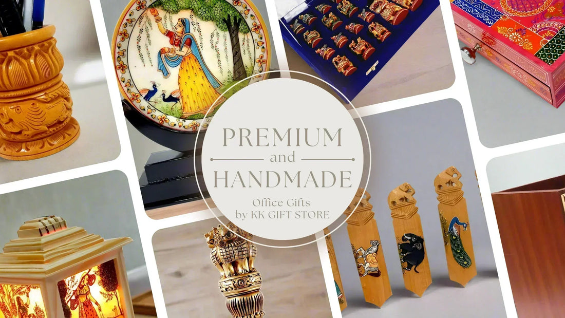 Complete range of handmade office gifts from KK Gift Store Jaipur — pen holders, Ashok Pillar, marble clock, coasters and god statues