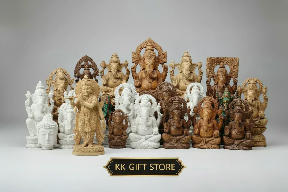 Premium handcrafted God statues in Kadamb wood and Resin from KK Gift Store, featuring Lord Ganesha and Buddha for Griha Pravesh spiritual gifting.
