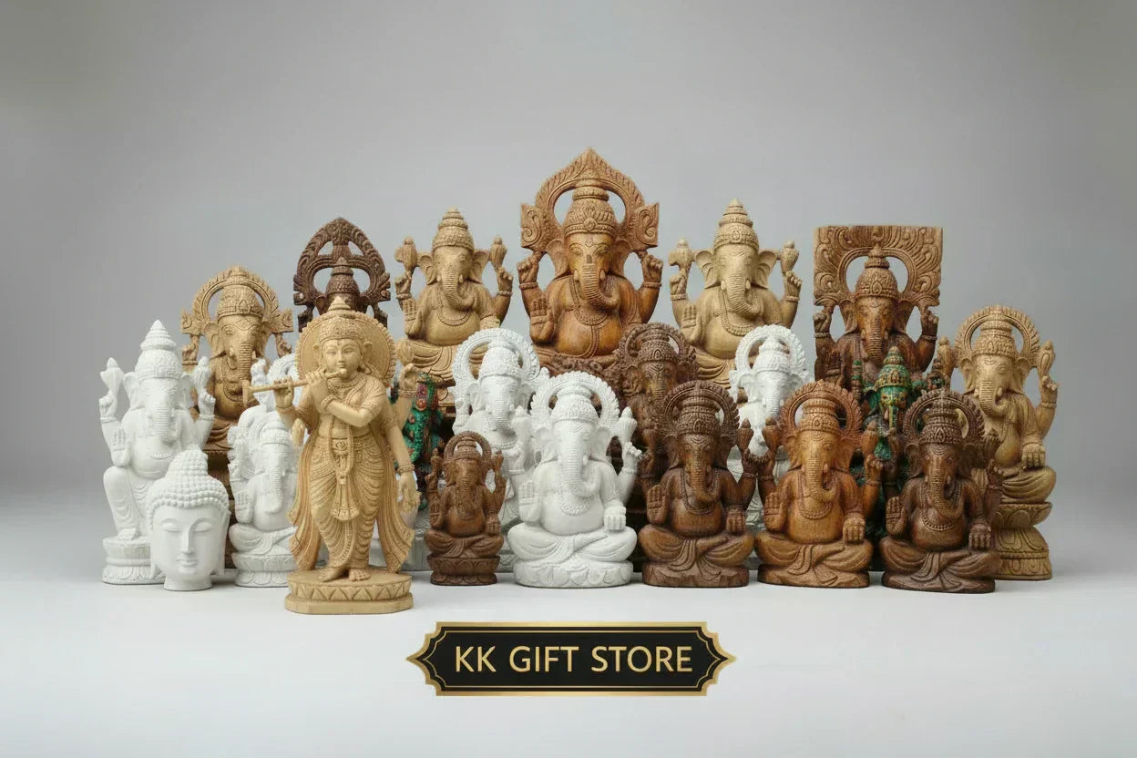 Premium handcrafted God statues in Kadamb wood and Resin from KK Gift Store, featuring Lord Ganesha and Buddha for Griha Pravesh spiritual gifting.