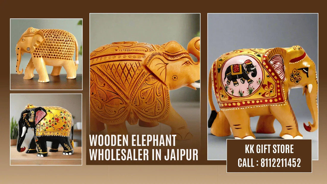 Wooden elephant manufacturer in Jaipur — 17 unique varieties including Jali, carving, Ambabari and miniature painting elephants by KK Gift Store