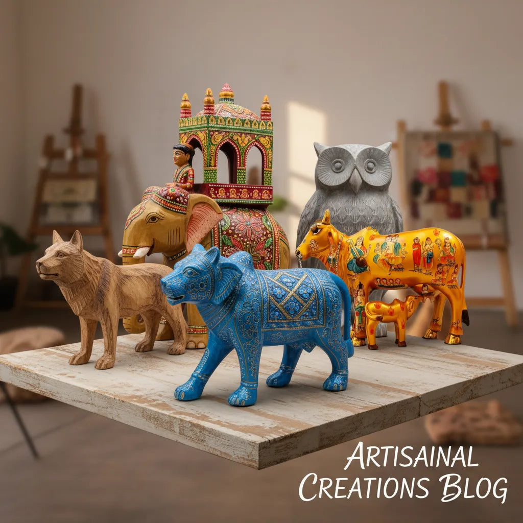 Handmade animal statues including wooden, brass, marble, metal and Meenakari figurines, crafted for unique wildlife-themed home decor.
