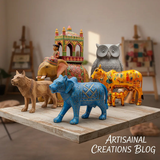 Handmade animal statues including wooden, brass, marble, metal and Meenakari figurines, crafted for unique wildlife-themed home decor.