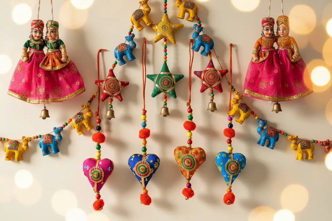 Handcrafted Indian hanging decorations for Diwali and Christmas - elephant rings, star ornaments, puppet hangings, camel figurines and heart hangings