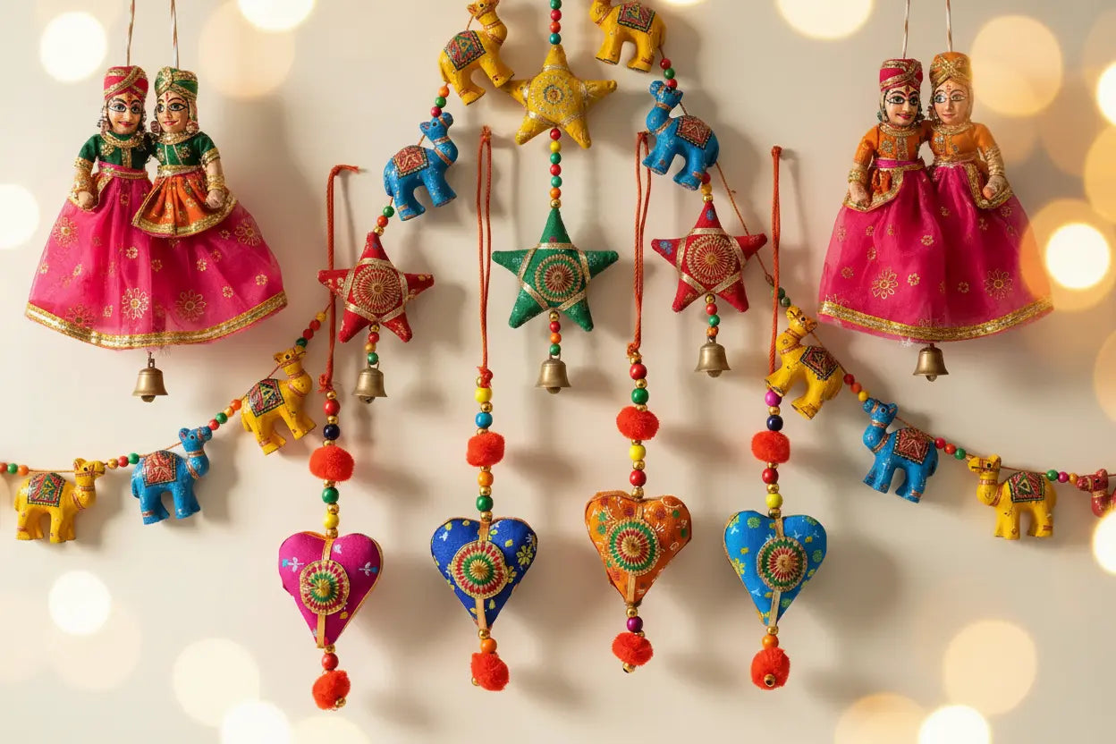 Handcrafted Indian hanging decorations for Diwali and Christmas - elephant rings, star ornaments, puppet hangings, camel figurines and heart hangings