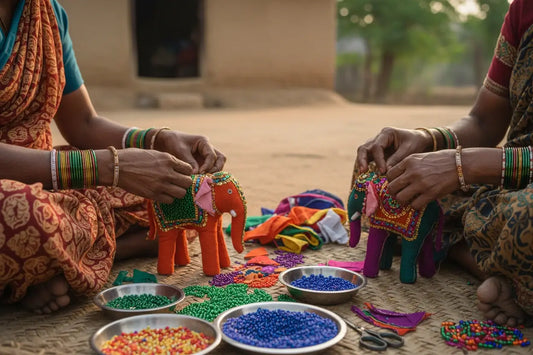 Traditional handmade Rajasthani home decor hangings featuring vibrant colors and intricate embroidery for an ethnic look.