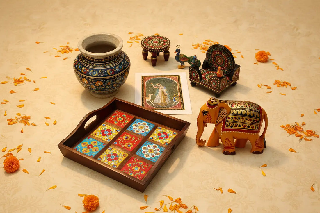 Indian handcrafted gifts collection — Meenakari, Blue Pottery, Marble Art and Wooden crafts from Jaipur, Rajasthan
