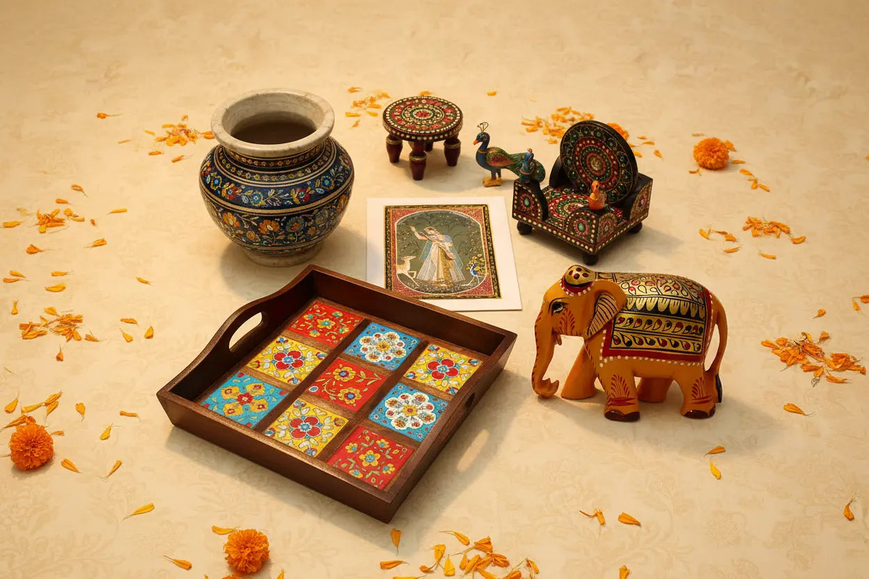 Indian handcrafted gifts collection — Meenakari, Blue Pottery, Marble Art and Wooden crafts from Jaipur, Rajasthan