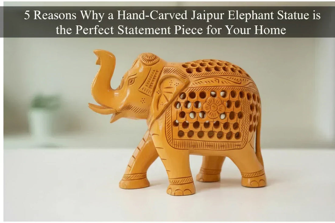 Authentic artisan-crafted wooden elephant from Jaipur, showing detailed craftsmanship and natural wood grain, available directly from the manufacturer.