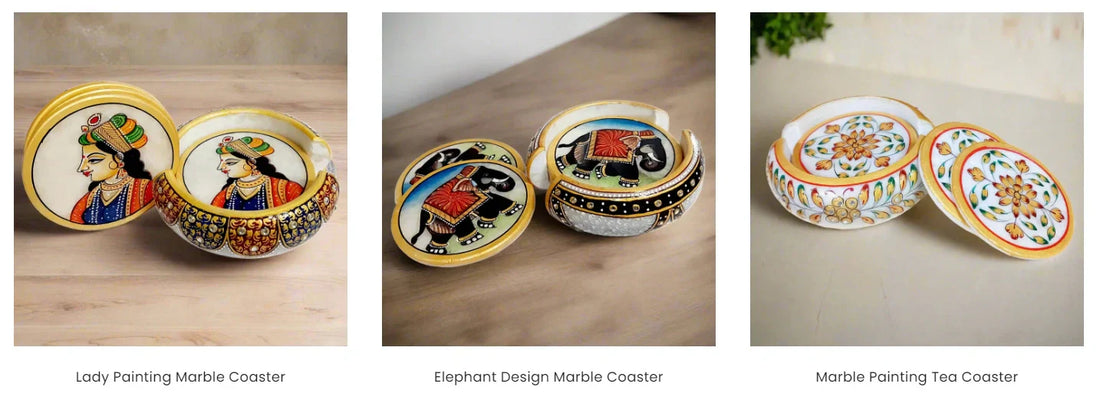 Hand-polished round marble coasters in geometric Rajasthani design, buy online set with holder perfect for coffee tables, wedding favors, or housewarming gifts.