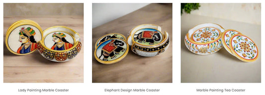 Hand-polished round marble coasters in geometric Rajasthani design, buy online set with holder perfect for coffee tables, wedding favors, or housewarming gifts.