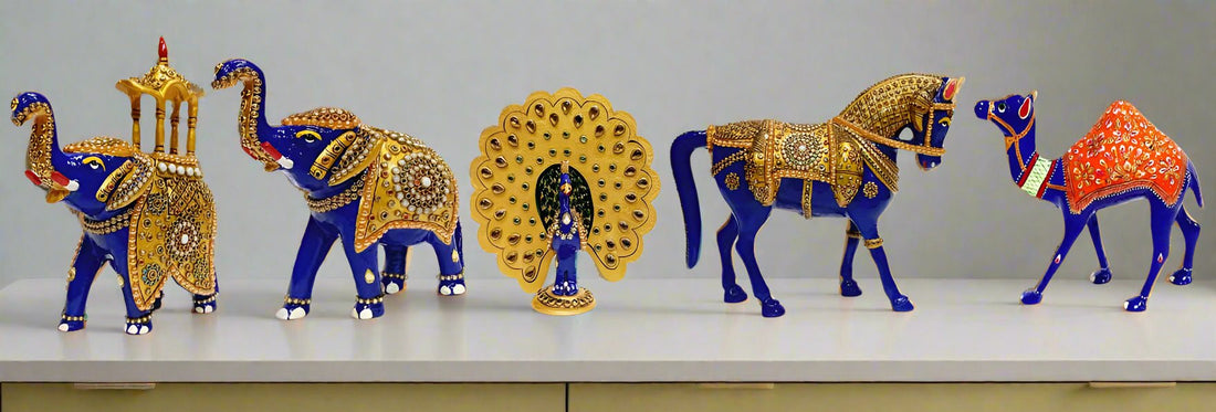 Famous Meenakari handicrafts from Jaipur — elephant figurines, Ambabari artwork, peacock and camel decor for home interiors